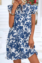 Load image into Gallery viewer, Sail Blue Boho Floral Print V Neck Tie Ruffle Sleeve Dress
