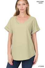 Load image into Gallery viewer, Woven Heavy Dobby Rolled Sleeve V-Neck Top
