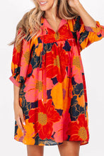Load image into Gallery viewer, Orange Boho Floral Print Tie Neck Mini Dress
