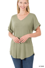 Load image into Gallery viewer, Luxe Rayon Short Cuff Sleeve V-Neck Round Hem Top
