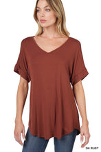 Load image into Gallery viewer, Luxe Rayon Short Cuff Sleeve V-Neck Round Hem Top
