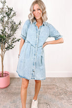 Load image into Gallery viewer, Blue Mineral Washed Ruffled Short Sleeve Pocketed Denim Dress
