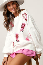 Load image into Gallery viewer, White Sequin Boots Graphic Drop Shoulder Sweatshirt
