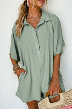 Load image into Gallery viewer, Spinach Green Plain Half Button Collared Pocket Loose Romper
