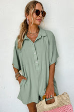Load image into Gallery viewer, Spinach Green Plain Half Button Collared Pocket Loose Romper
