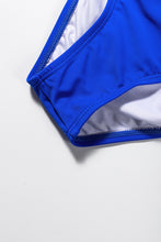 Load image into Gallery viewer, Dark Blue Sexy Deep V Neck Tie Ruffles High Waisted Bikini Set
