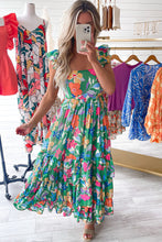 Load image into Gallery viewer, Green Boho Floral Print Ruffle Sleeveless Tiered Maxi Dress

