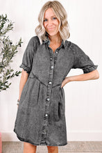 Load image into Gallery viewer, Blue Mineral Washed Ruffled Short Sleeve Pocketed Denim Dress
