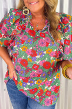 Load image into Gallery viewer, Multicolor Plus Size Floral Print Ruffle V Neck Bubble Sleeve Blouse

