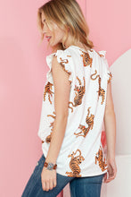 Load image into Gallery viewer, White Tiger Print Ruffle Flutter Sleeveless Blouse
