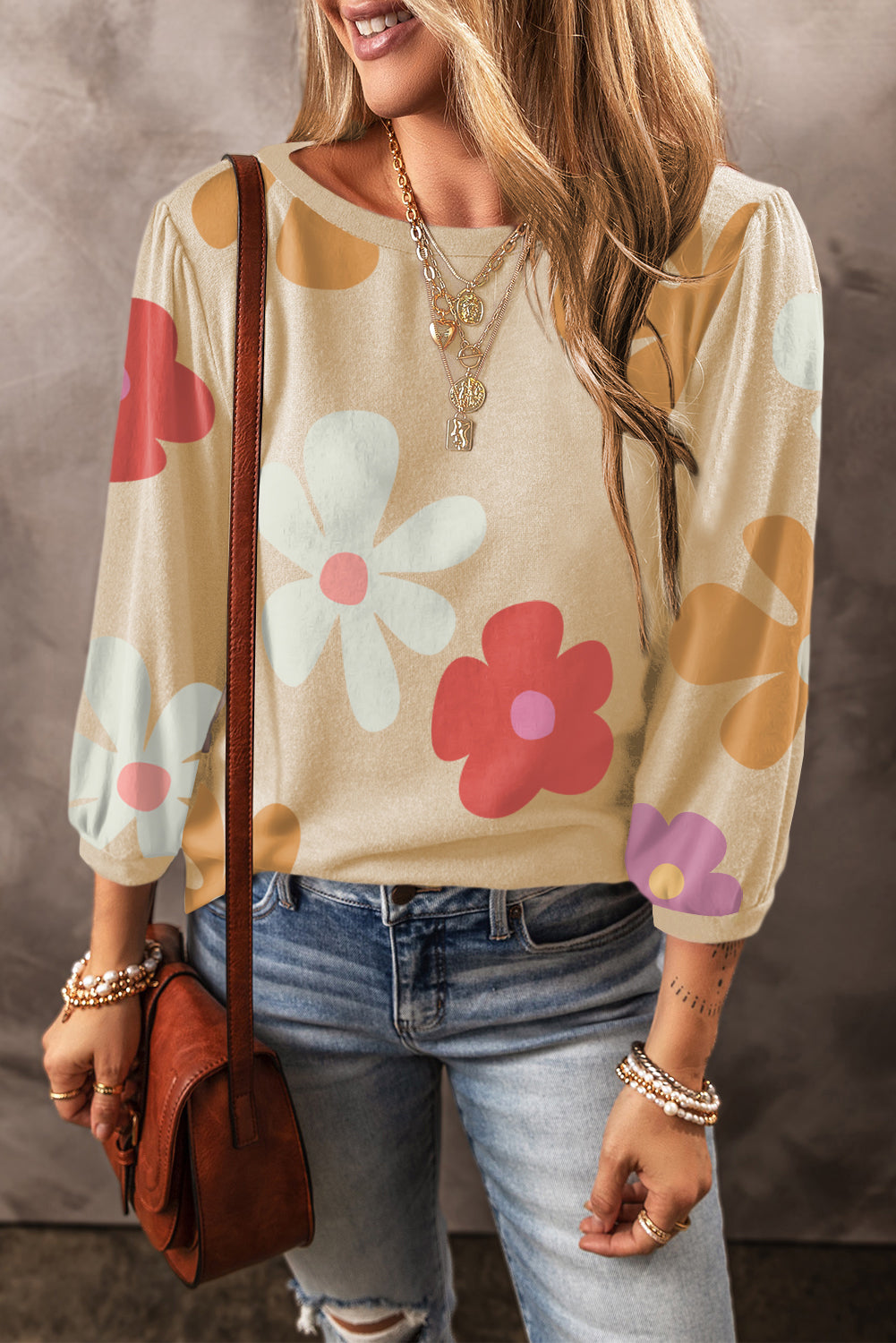 Apricot Flower Print Ruched Bracelet Sleeve Top