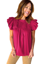 Load image into Gallery viewer, Rose Red Ruched Frilled Neck Ruffle Blouse
