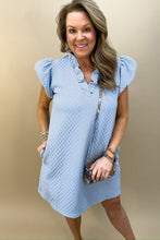 Load image into Gallery viewer, Light Blue Textured Puff Sleeve Ruffled V Neck Mini Dress
