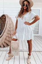 Load image into Gallery viewer, White Lace Trim Contrast Short Sleeve Ruffled Mini Dress

