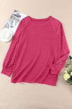 Load image into Gallery viewer, Strawberry Pink Plus Size Contrast Lace Sleeve Waffle Knit Top
