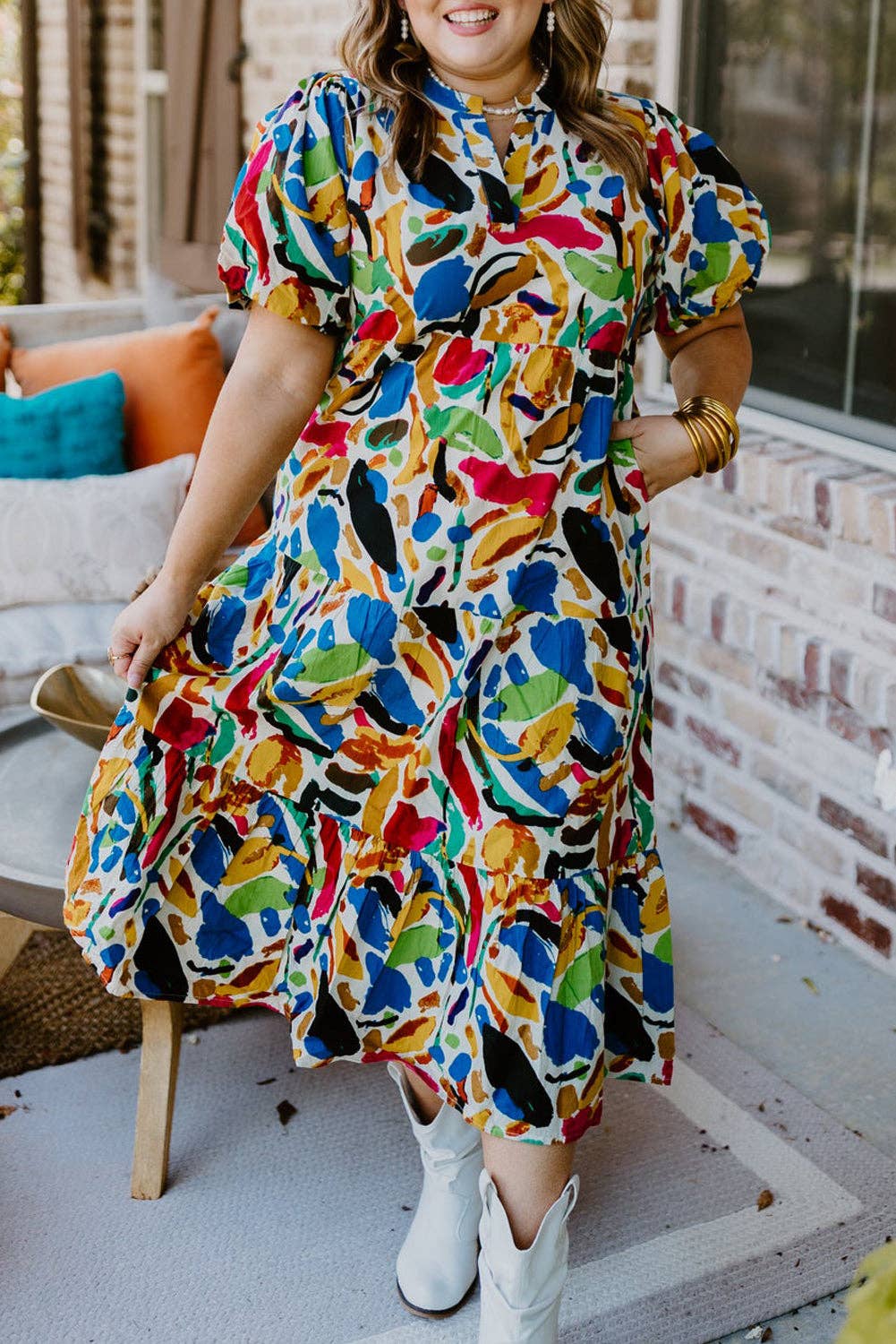Abstract Bubble Sleeve Dress Plus Size