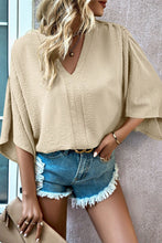 Load image into Gallery viewer, Parchment Solid Color Crinkled V Neck Bell Sleeve Blouse
