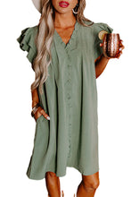 Load image into Gallery viewer, Mist Green Ruffle Trim Sleeve V Neck Pocketed Mini Dress
