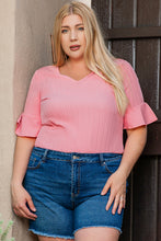 Load image into Gallery viewer, Peach Blossom Solid Color Textured V Neck Short Sleeve Plus Size Blouse
