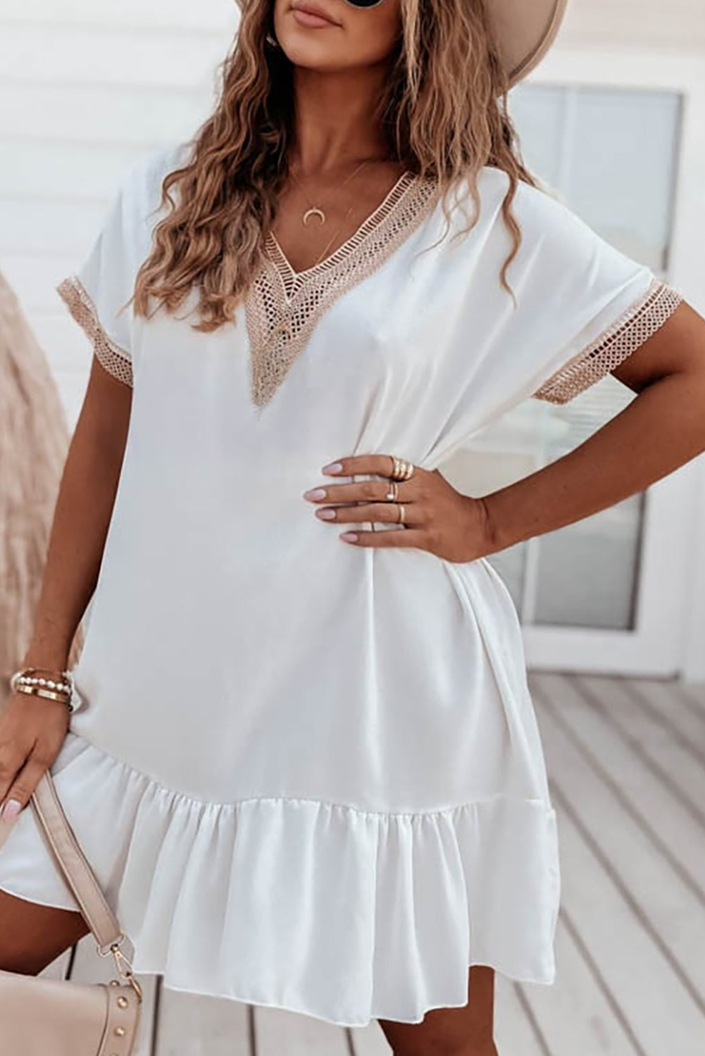 White Lace Trim Contrast Short Sleeve Ruffled Mini Dress