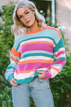 Load image into Gallery viewer, Multicolor Striped Knit Drop Shoulder Puff Sleeve Sweater
