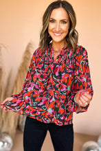 Load image into Gallery viewer, Red Dahlia Abstract Floral Shirred Detail Puff Sleeve Blouse
