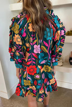 Load image into Gallery viewer, Green Flower Print Ruffle Trim V Neck Mini Dress
