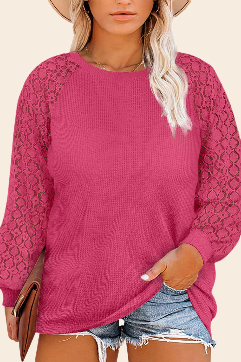 Strawberry Pink Plus Size Contrast Lace Sleeve Waffle Knit Top