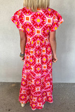 Load image into Gallery viewer, Strawberry Pink Abstract Print Pleated Flounce Sleeve Maxi Dress

