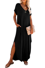 Load image into Gallery viewer, Black Solid Color Hidden Pocket V Neck Slit Maxi Dress

