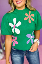Load image into Gallery viewer, Bright Green Floral Bubble Short Sleeve Knitted Top
