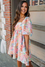 Load image into Gallery viewer, Pink Summer Floral Square Neck Puff Sleeve Babydoll Dress
