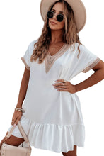 Load image into Gallery viewer, White Lace Trim Contrast Short Sleeve Ruffled Mini Dress
