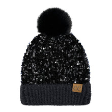 Load image into Gallery viewer, Glitter Sequined Cuff Beanie with Pom Pom: ONE SIZE / WHT
