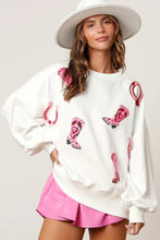 Load image into Gallery viewer, White Sequin Boots Graphic Drop Shoulder Sweatshirt

