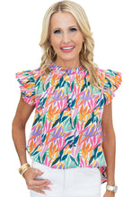 Load image into Gallery viewer, Rose Red Abstract Print Ruffled Flutter Shoulder Blouse
