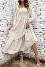 Load image into Gallery viewer, Khaki Plaid Ruffled Square Neck Smocked Tiered Maxi Dress
