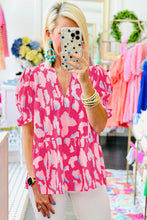 Load image into Gallery viewer, Rose Abstract Print Smocked Puff Sleeve V Neck Peplum Blouse
