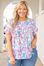 Load image into Gallery viewer, Purple Vibrant Abstract Print Frill Short Sleeve Plus Size Top
