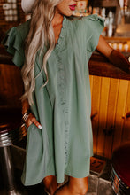 Load image into Gallery viewer, Mist Green Ruffle Trim Sleeve V Neck Pocketed Mini Dress
