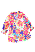 Load image into Gallery viewer, Rose Red Floral Frilled Split Neck Bubble Sleeve Blouse

