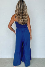 Load image into Gallery viewer, Navy Blue Spaghetti Straps Smocked Ruffled Wide Leg Jumpsuit
