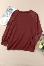 Load image into Gallery viewer, Strawberry Pink Plus Size Contrast Lace Sleeve Waffle Knit Top
