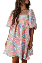 Load image into Gallery viewer, Pink Summer Floral Square Neck Puff Sleeve Babydoll Dress
