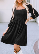 Load image into Gallery viewer, Suede Square Neck Puff Sleeve Dress- Black
