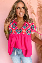 Load image into Gallery viewer, Strawberry Pink Geometric Embroidered Tassel Tie V Neck Blouse
