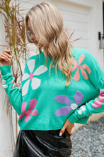 Load image into Gallery viewer, Green Floral Print Contrast Trim Round Neck Sweater
