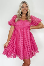 Load image into Gallery viewer, Strawberry Pink Checkered Puff Sleeve Babydoll Dress
