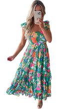 Load image into Gallery viewer, Green Boho Floral Print Ruffle Sleeveless Tiered Maxi Dress
