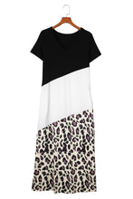Load image into Gallery viewer, Black Leopard Color Block Side Slit T Shirt Maxi Dress
